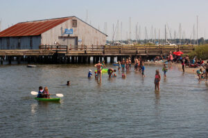 People swimming at Blaine's Semiahmoo Spit in Whatcom County