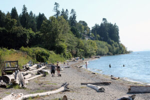 Swimmers and beachgoers next to Semiahmoo