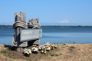 Semiahmoo Signage with Mt. Baker in the background