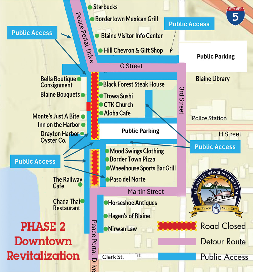 Phase 2 Map of Blaine's Revitalization Project Road Closures & Detours
