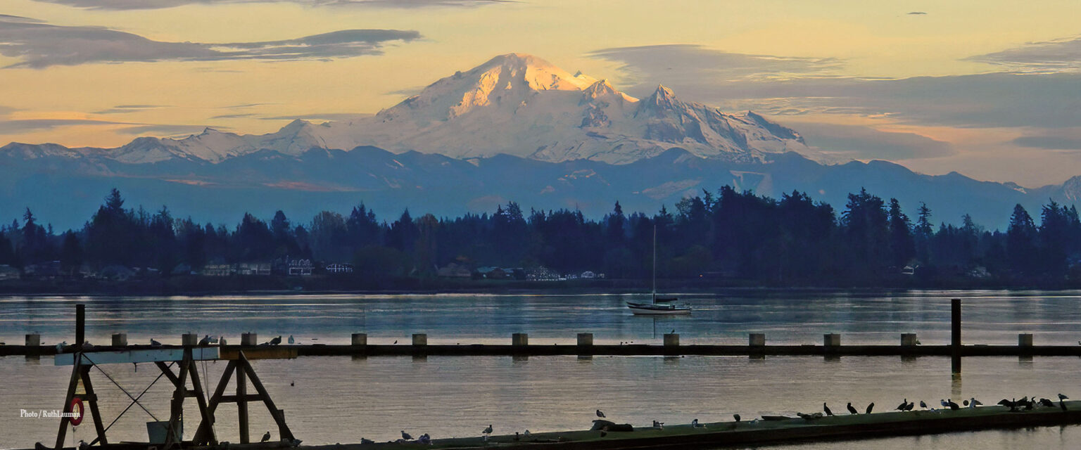 Last Light over Mt. Baker from Drayton Harbor - Photo by RuthLauman