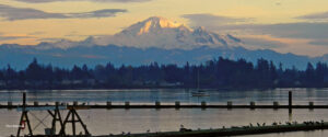 Last Light over Mt. Baker from Drayton Harbor - Photo by RuthLauman