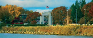 Peace Arch State Park at the US-Canadian Border showing fall foliage.