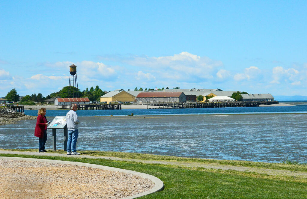Blaine Marine Park and vista of the Salish Sea with Semiahmoo Resort and White Rock, BC