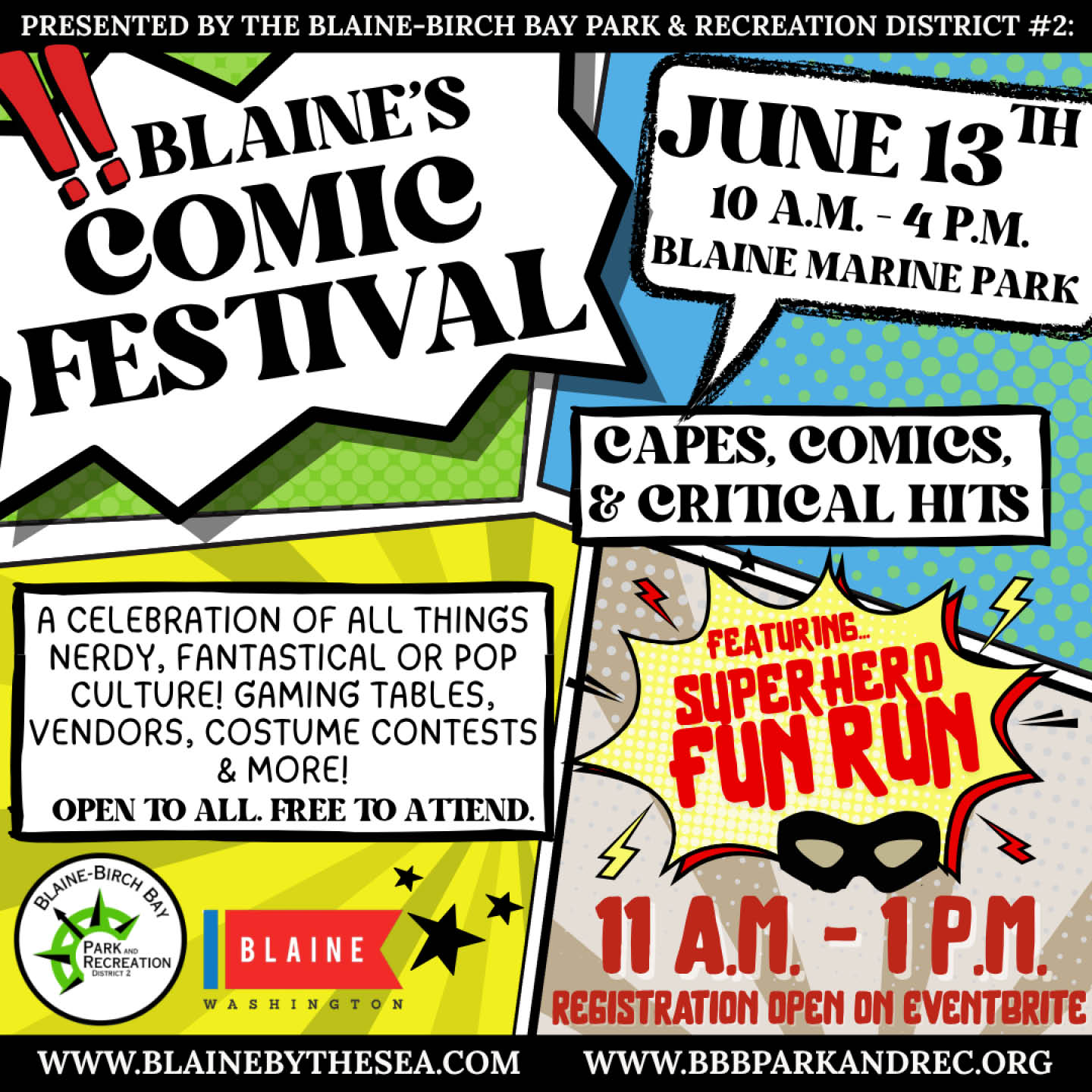 Comic Festival & Super Hero Fun Run in Blaine Marine Park, June 13